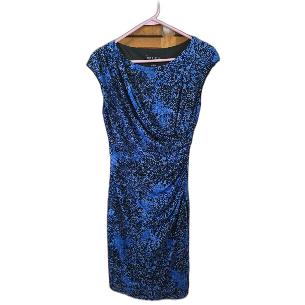 Connected Apparel  blue & Black Bodycon Midi Dress Floral Turquoise Pattern & A